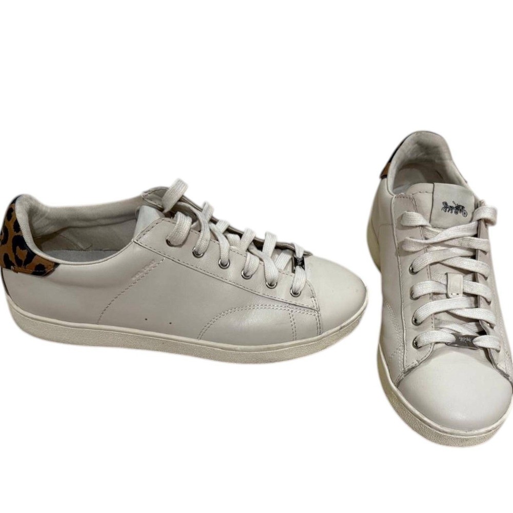 Coach Leather Low Top Sneakers White Leopard Print Heel Horse Carriage Logo 9.5 - Picture 2 of 6